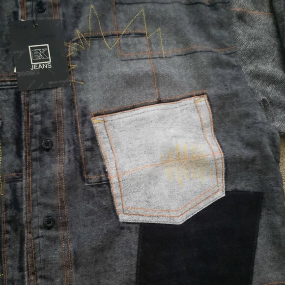 NEW Brooklyn BX Faux Denim Patchwork Long Sleeve Shirt Men's XL Button Down - Picture 3 of 8